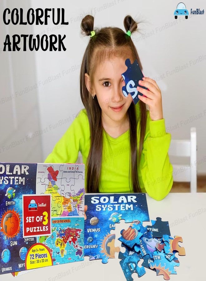 FunBlast Kid 3 In 1 Multicolor Jigsaw Puzzle - Solar System, Map Of India & World Map, 72 Pcs - Ages 3-6 - Image 5