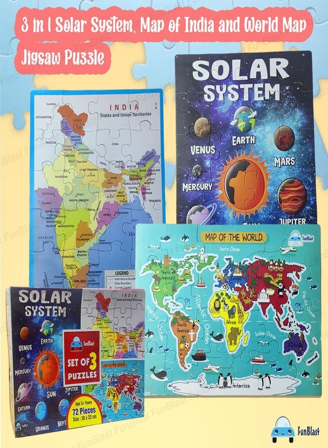 FunBlast Kid 3 In 1 Multicolor Jigsaw Puzzle - Solar System, Map Of India & World Map, 72 Pcs - Ages 3-6 - Image 3