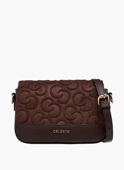 Celeste Monogram Embossed Suede Crossbody Bag with Flap Closure