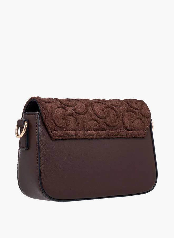 Celeste Monogram Embossed Suede Crossbody Bag with Flap Closure