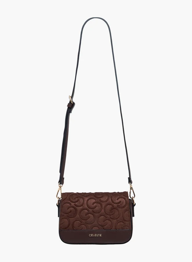 Celeste Monogram Embossed Suede Crossbody Bag with Flap Closure