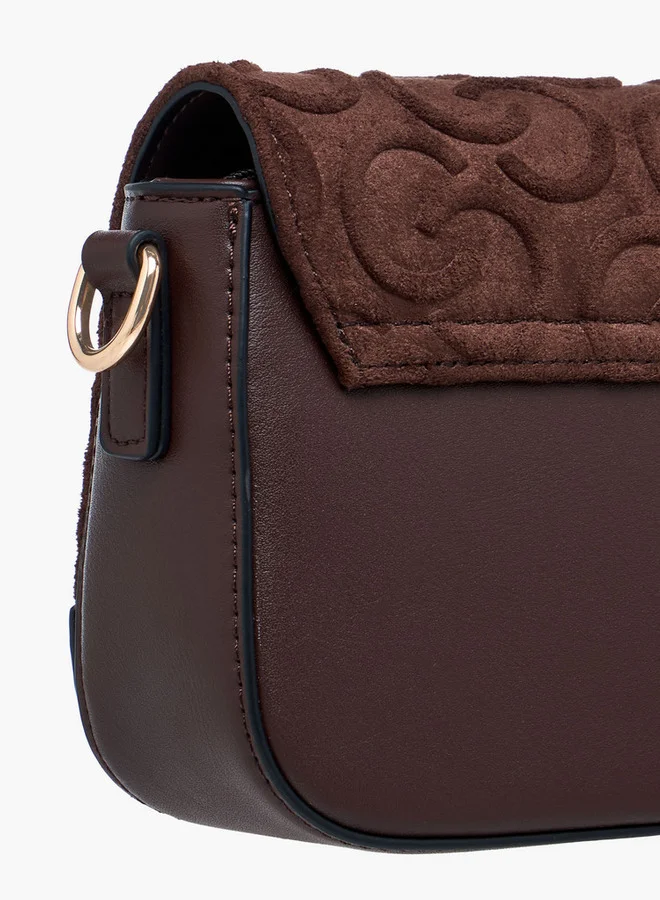 Celeste Monogram Embossed Suede Crossbody Bag with Flap Closure