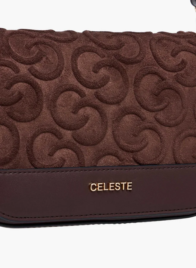 Celeste Monogram Embossed Suede Crossbody Bag with Flap Closure
