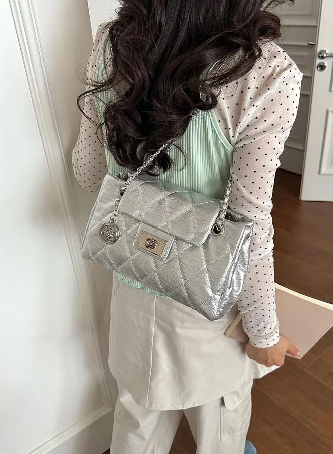 Take Two Silver Quilted Shoulder Bag with Chain Strap