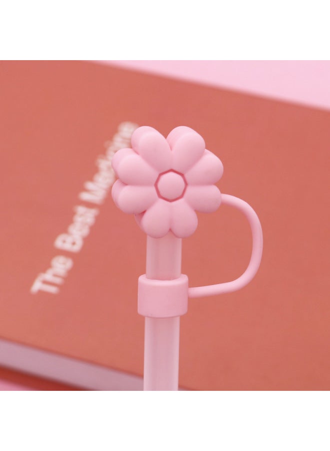 Silicone Straw Cap 8-10mm Cute Flower Doll Dust Cap Can Be Recycled Straw Plug-Color:Silicone Old Pure Powder Chrysanthemum 10mm-Specifications:Bagged With Straw ]  - Image 1