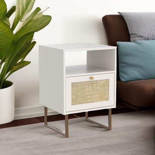 Masupu Rattan Nightstand,Modern Boho Farmhouse Wood Bedside Table with Storage Drawer and Open Shelf,Small Gold Frame Side End Table for Bedroom,Living Room,Office(White) - Image 5