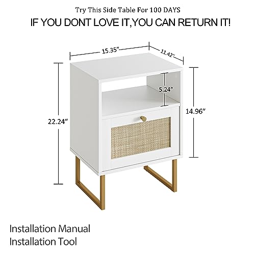 Masupu Rattan Nightstand,Modern Boho Farmhouse Wood Bedside Table with Storage Drawer and Open Shelf,Small Gold Frame Side End Table for Bedroom,Living Room,Office(White) - Image 2