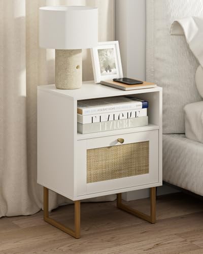 Masupu Rattan Nightstand,Modern Boho Farmhouse Wood Bedside Table with Storage Drawer and Open Shelf,Small Gold Frame Side End Table for Bedroom,Living Room,Office(White) - Image 1