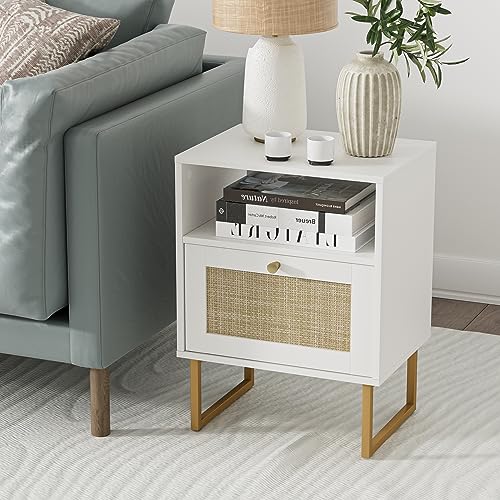 Masupu Rattan Nightstand,Modern Boho Farmhouse Wood Bedside Table with Storage Drawer and Open Shelf,Small Gold Frame Side End Table for Bedroom,Living Room,Office(White) - Image 3