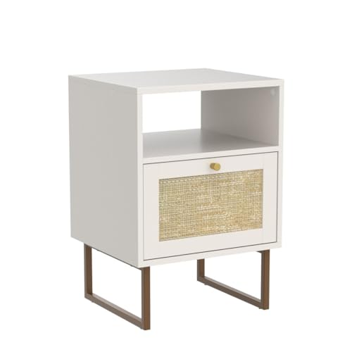 Masupu Rattan Nightstand,Modern Boho Farmhouse Wood Bedside Table with Storage Drawer and Open Shelf,Small Gold Frame Side End Table for Bedroom,Living Room,Office(White) - Image 4