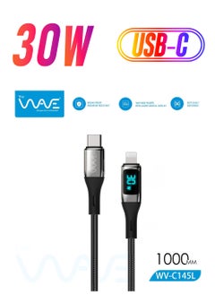 Wave Type-C To Lightning 30W Digital Display Fast Charging & Data Cable Zinc Alloy Plug Braided Cord For Iphone/Ipad/Macbook 1 meters - Black  - Image 1