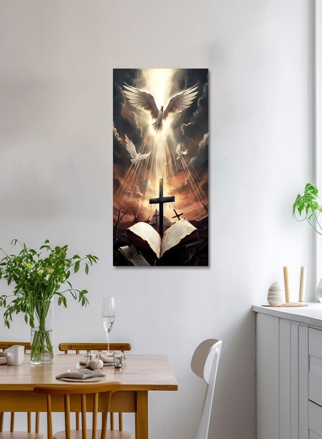 CXHOSTENT Holy Bible Cross Wall Art Christian Canvas Print The Cross And The Dove Of Peace Wall Decor Jesus Painting God Posters Framed for Prayer Room Church Decor (Holy Bible Cross, 16.00"x24.00") - Image 3