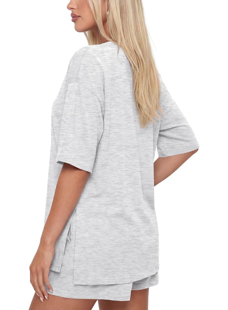 Darong Women Fashion Lounge Sets Summer Outfits T-Shirt Top and Shorts Set 2 Piece Matching Tracksuit 9121 White Grey M - Image 2