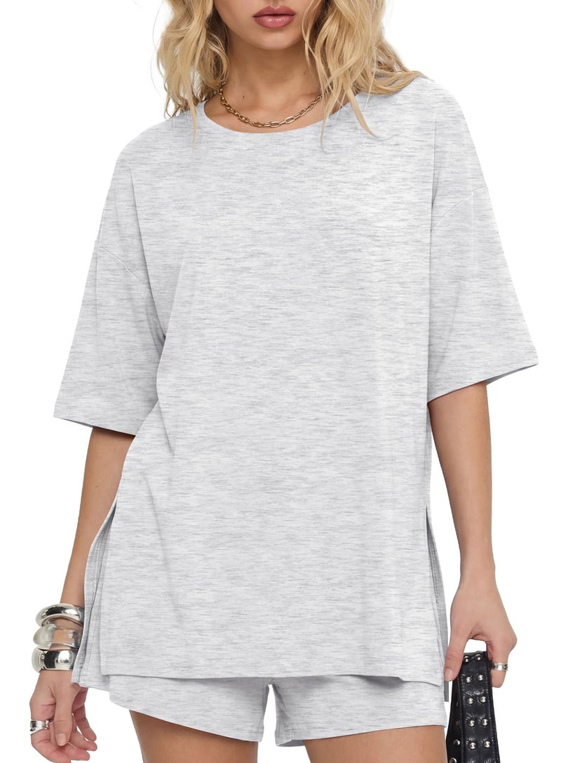 Darong Women Fashion Lounge Sets Summer Outfits T-Shirt Top and Shorts Set 2 Piece Matching Tracksuit 9121 White Grey M - Image 4