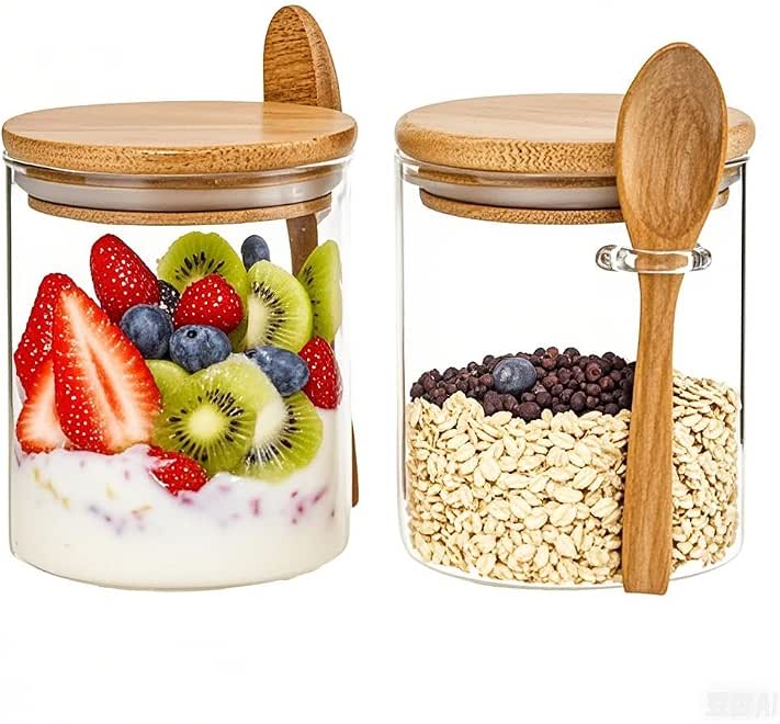 JOUALY 2 Piece Round Glass Jar, Sealed Borosilicate Glass Jar with Bamboo Lid and Spoon, for Spice Rack, Candy, Spices, Coffee Beans, Nuts, Condiments, Cookies, Flour 540ml (18.2oz)