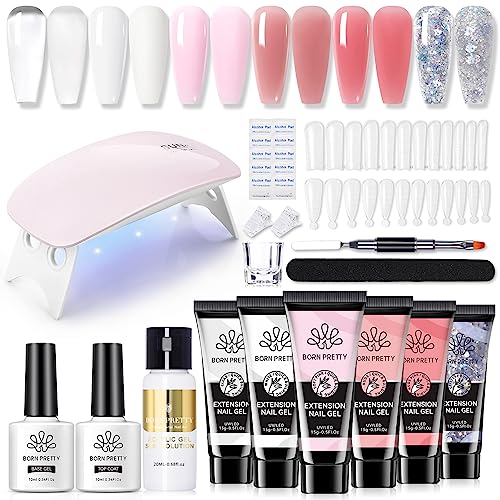 BORN PRETTY Poly Nail Extension Gel Kit6 Colors Poly Nails Gel Kit Nude Clear Jelly Pink All In One Kit Builder Glue Gel with Nail Lamp Base Top Coat Set Nail Forms French Manicure Set for Beginner Starter DIY at Home Mothers Day Gifts