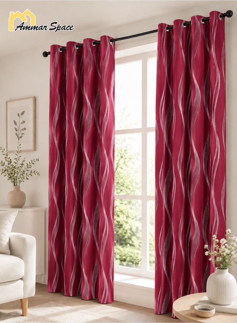 Ammar Space Red Blackout Curtain, 1 Panel, Silver Wave Pattern Thermal Insulated Room Darkening Grommet Curtain for Bedroom Living Room, W132 x L213 cm - Image 2