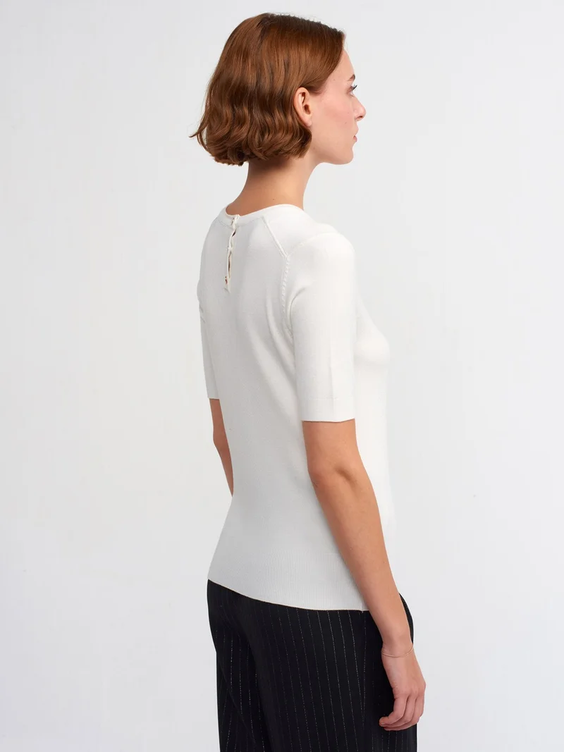 Dilvin 10426 Crew Neck Back Buttoned Short Sleeve Sweater-Ecru