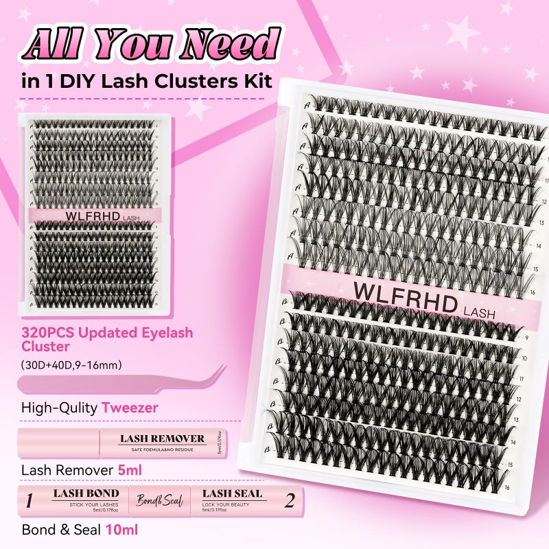 WLFRHD Lash Clusters Kit 320 Pcs D Curl DIY Natural Wispy Lashes Eyelashes Clusters Eyelash Extension Kit with Eyelash Bond and Seal, Remover & Tweezers (30D+40D, Mix9-16mm Kit) - Image 2