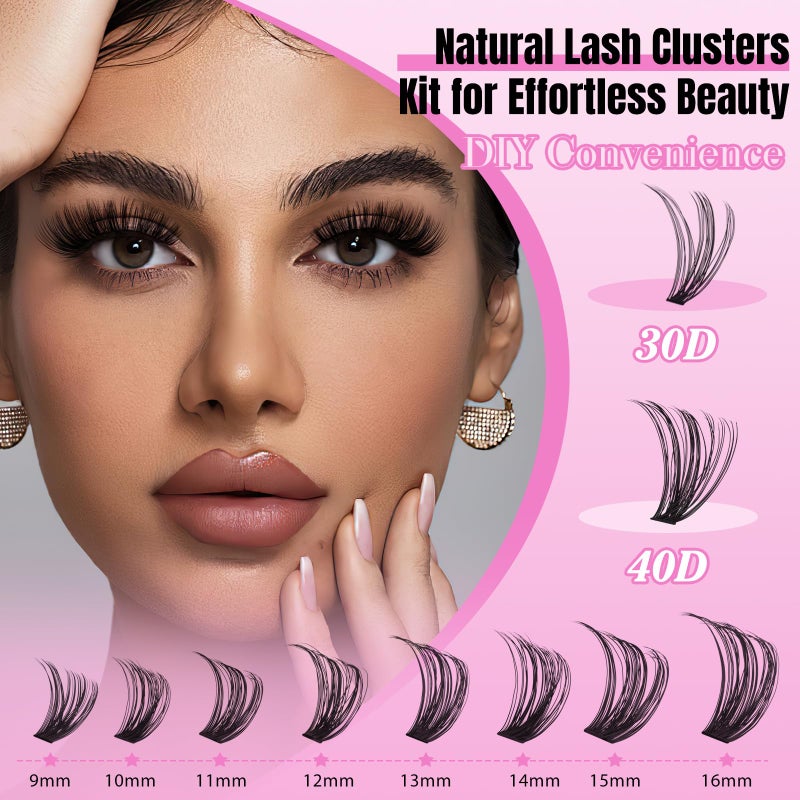 WLFRHD Lash Clusters Kit 320 Pcs D Curl DIY Natural Wispy Lashes Eyelashes Clusters Eyelash Extension Kit with Eyelash Bond and Seal, Remover & Tweezers (30D+40D, Mix9-16mm Kit) - Image 4