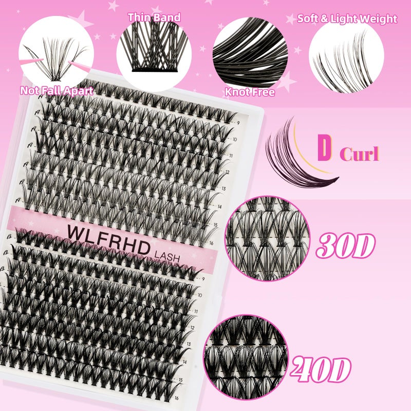 WLFRHD Lash Clusters Kit 320 Pcs D Curl DIY Natural Wispy Lashes Eyelashes Clusters Eyelash Extension Kit with Eyelash Bond and Seal, Remover & Tweezers (30D+40D, Mix9-16mm Kit) - Image 5