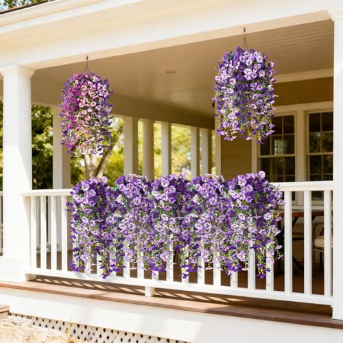 ZFProcess Fake Artificial Flowers for Outdoors, 4 Pcs Faux Hanging Pansy Flowers Spring Summer Decor, UV Resistant Fake Plants Silk Flower for Planter Front Door Porch Patio Yard Garden(Gradient Double Purple) - Image 3