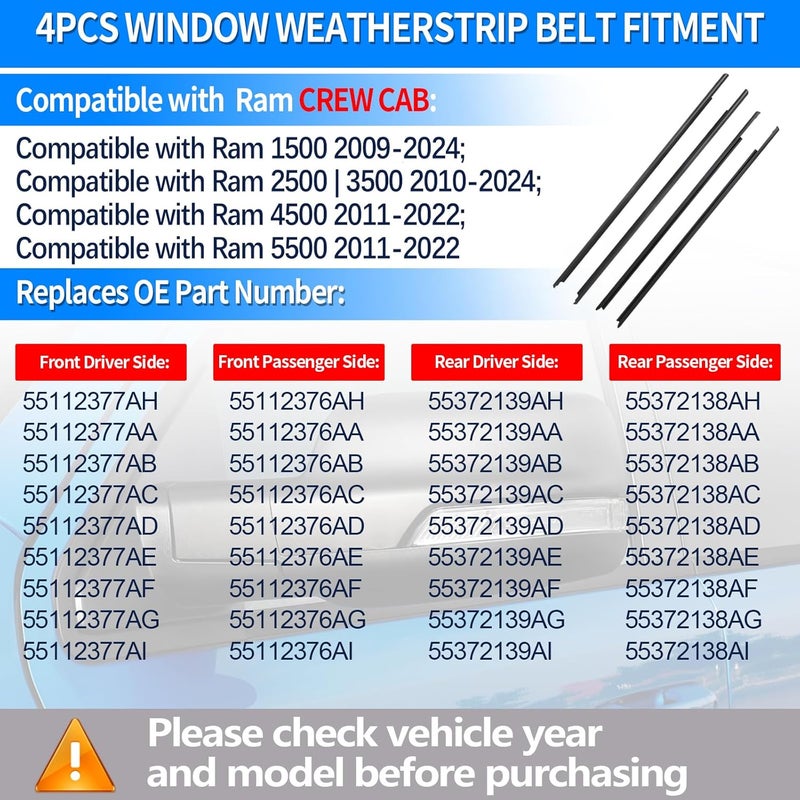 KAVIUS Window Weatherstrip for Dodge Ram 1500 2500 3500 4500 5500 Crew CAB (2009-2024) - Outer Window Molding Trim Seal - Image 2