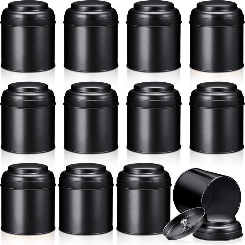 Meanplan 12 Pcs Tea Tin Canister with Airtight Double Lids 8 oz Round Tin Can Box Small Kitchen Tea Canister Loose Leaf Tea Storage Tea Containers for Loose Tea Bags Coffee Sugar Candy Spices (Black) - Image 1