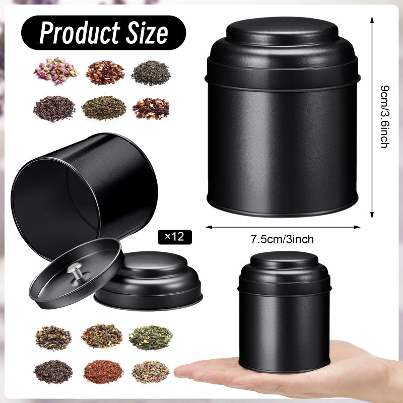Meanplan 12 Pcs Tea Tin Canister with Airtight Double Lids 8 oz Round Tin Can Box Small Kitchen Tea Canister Loose Leaf Tea Storage Tea Containers for Loose Tea Bags Coffee Sugar Candy Spices (Black) - Image 2