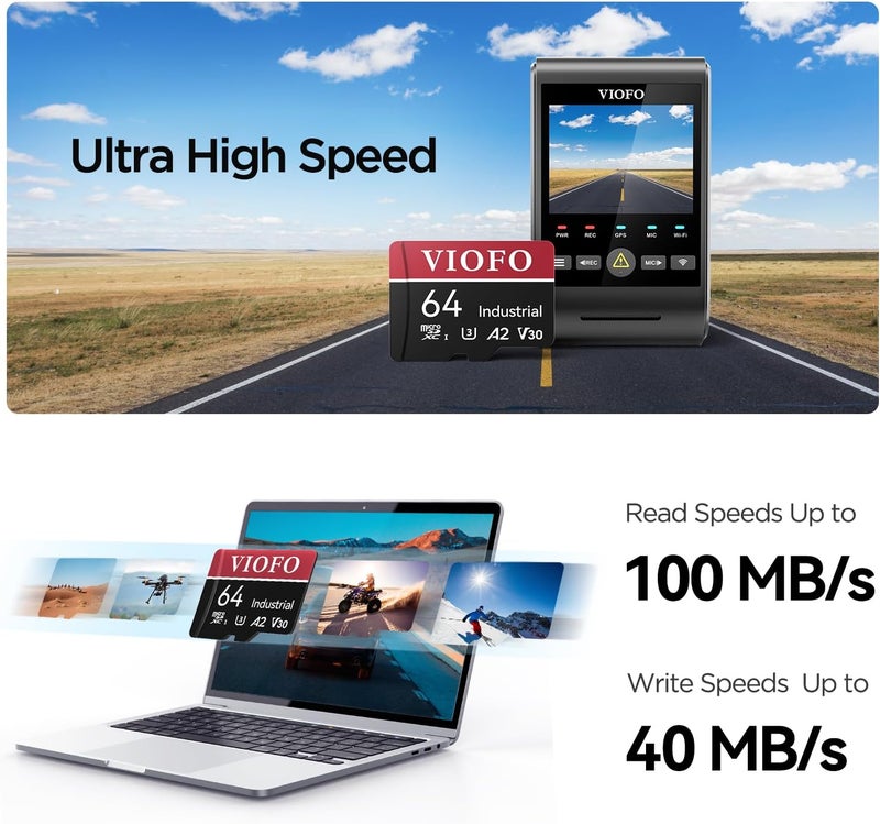 Viofo 64GB Industrial Grade High Endurance microSDXC Card for Dash Cam & Security Camera, U3 A2 V30, up to 100MB/s, 4K UHD & Continuous Loop Recording, High Temperature Resistant, Adapter Included - Image 2