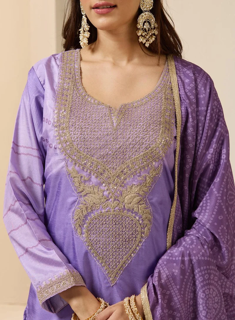 آي شين طقم كورتا نسائي ليلاك بوليستر مطرز مستقيم كاجوال كامل الطول