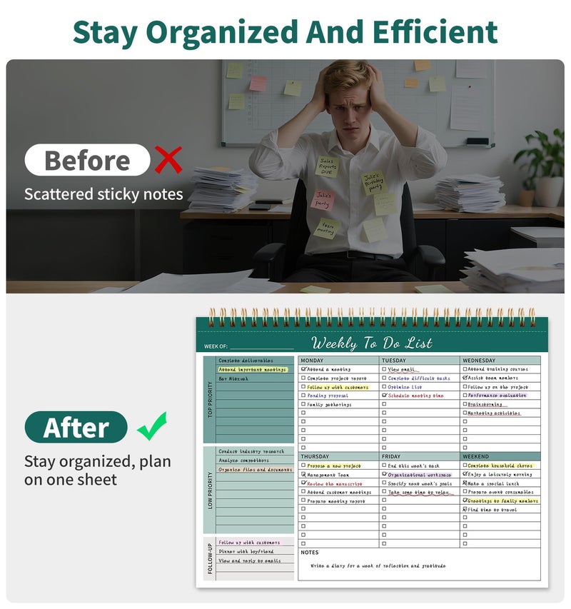 ALKALO 104 Pgs Weekly To Do List Notepad, 52 Duplex-Printed Undated Sheets 100 GSMï¼ˆ8.5"Ã—11") Weekly Desk Planner For Work Home School Office Desk Accessories Supplies & Goal Setting Tasks - Green - Image 4