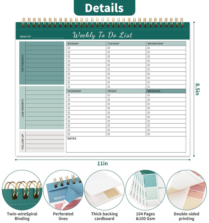 ALKALO 104 Pgs Weekly To Do List Notepad, 52 Duplex-Printed Undated Sheets 100 GSMï¼ˆ8.5"Ã—11") Weekly Desk Planner For Work Home School Office Desk Accessories Supplies & Goal Setting Tasks - Green - Image 3