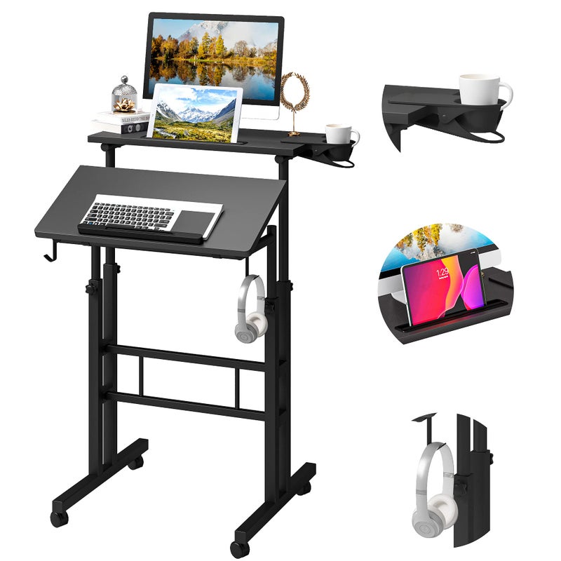Klvied Adjustable Height Standing Desk with Cup Holder, Portable and Easy to Move, Ideal for Home or Office, Black - Image 1