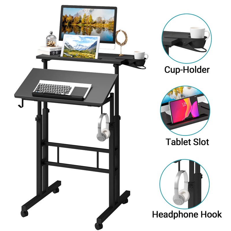 Klvied Adjustable Height Standing Desk with Cup Holder, Portable and Easy to Move, Ideal for Home or Office, Black - Image 5
