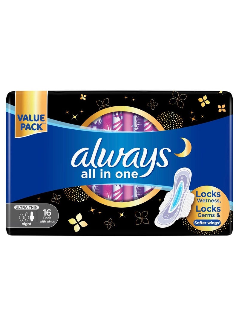 Always All In 1 Ultra Thin Night Sanitary Pads With Wings 16 Count