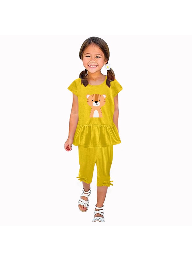 European And American Girls' Short-sleeved Suit Summer Children's Wear Tiger Cartoon Printed Girls' Two-piece Cropped Pants Children's Wear