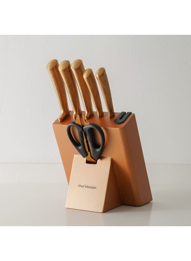 Chef's Delight Chef's Delight Bistro 7 Piece Knife Set with Sharpener Inside Block Premium Stainless Steel Knives Includes Chef’s Utility and Paring Knives Perfect for Kitchen Use Copper - Image 1