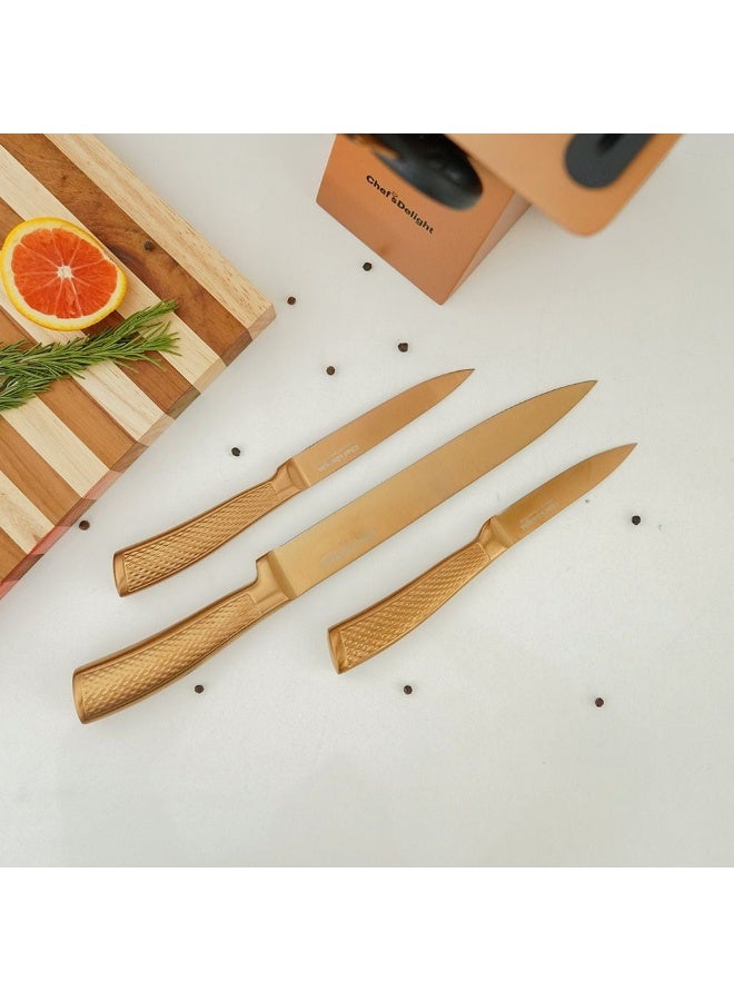 Chef's Delight Chef's Delight Bistro 7 Piece Knife Set with Sharpener Inside Block Premium Stainless Steel Knives Includes Chef’s Utility and Paring Knives Perfect for Kitchen Use Copper - Image 2