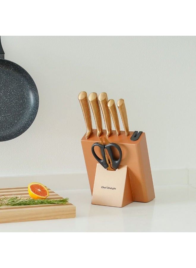 Chef's Delight Chef's Delight Bistro 7 Piece Knife Set with Sharpener Inside Block Premium Stainless Steel Knives Includes Chef’s Utility and Paring Knives Perfect for Kitchen Use Copper - Image 5