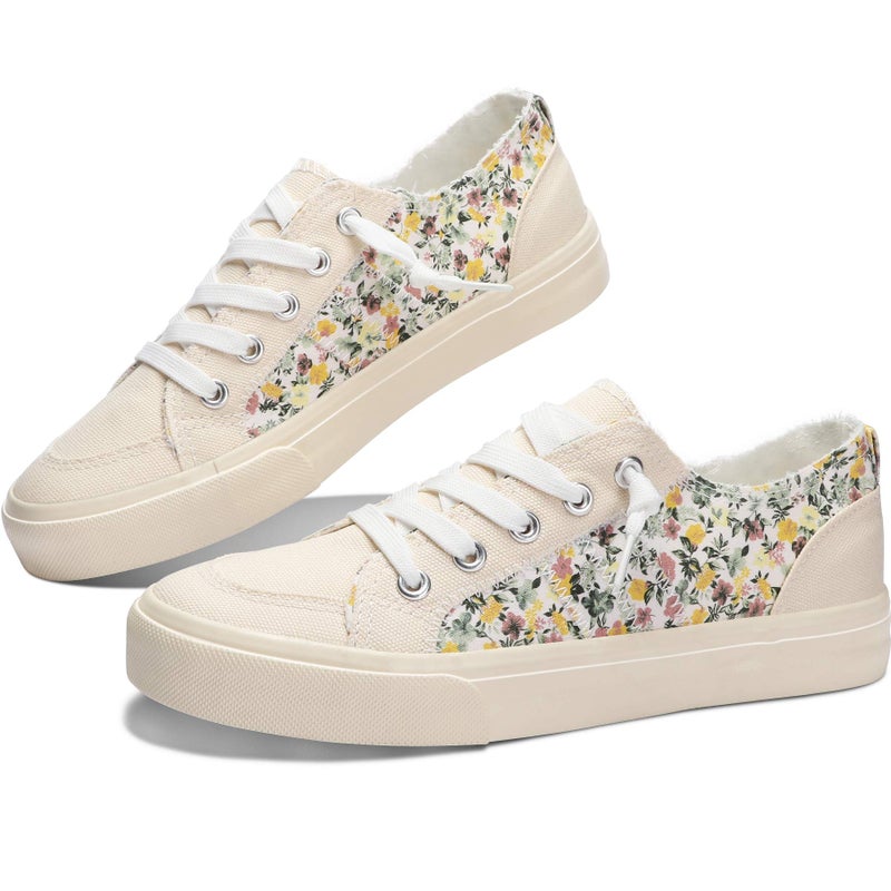 Obtaom Womens Flower Print Canvas Sneakers Women's Play Fashion Sneaker Comfortable Walking Shoes Yellow Multi Canvas Slip on Shoes(Yellow US11) - Image 1