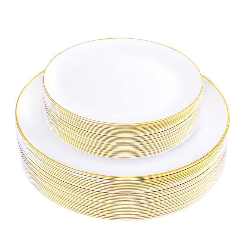 KIRE 60PCS Gold Plastic Plates - Heavy Duty White Disposable Plates with Gold Rim for Wedding/Easter/Spring/Ramadan - Include 30Pieces 10.25inch Dinner Plate and 30Pcs 7.5inch Dessert Plate - Image 1