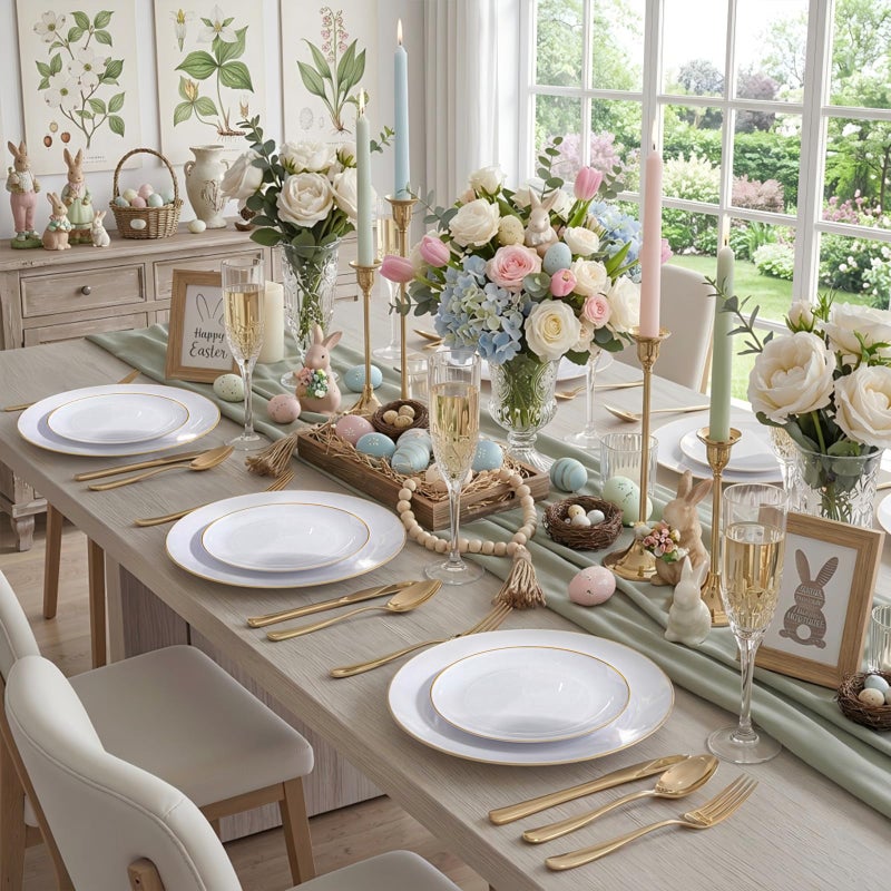 KIRE 60PCS Gold Plastic Plates - Heavy Duty White Disposable Plates with Gold Rim for Wedding/Easter/Spring/Ramadan - Include 30Pieces 10.25inch Dinner Plate and 30Pcs 7.5inch Dessert Plate - Image 2