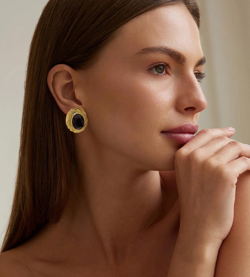 Aprilery Chunky Gold Geometric Stud Earrings Trendy Vintage 14K Gold Plated Black Cubic Zirconia Statement Cocktail Earrings Dupes Jewelry for Women (Black Stone B) - Image 2