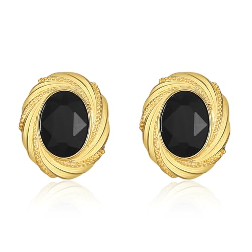 Aprilery Chunky Gold Geometric Stud Earrings Trendy Vintage 14K Gold Plated Black Cubic Zirconia Statement Cocktail Earrings Dupes Jewelry for Women (Black Stone B) - Image 1