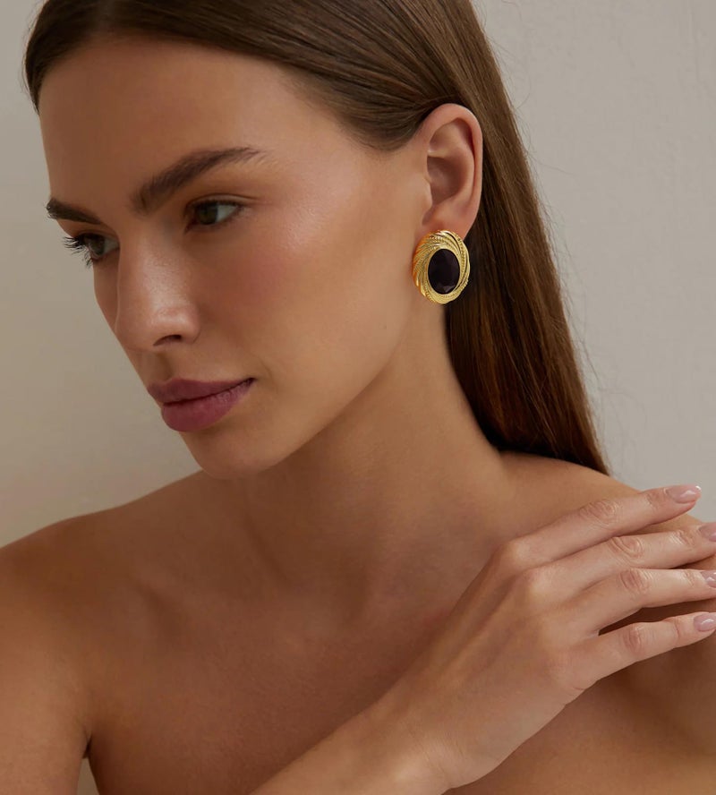 Aprilery Chunky Gold Geometric Stud Earrings Trendy Vintage 14K Gold Plated Black Cubic Zirconia Statement Cocktail Earrings Dupes Jewelry for Women (Black Stone B) - Image 3
