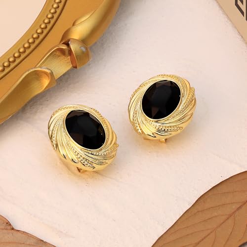 Aprilery Chunky Gold Geometric Stud Earrings Trendy Vintage 14K Gold Plated Black Cubic Zirconia Statement Cocktail Earrings Dupes Jewelry for Women (Black Stone B) - Image 5