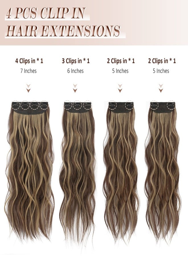 فيشبن وصلات شعر فيشفين بمشابك، 4 قطع، أشقر فاتح مع خصلات بنية متوسطة، كثيفة، طويلة ومموجة، وصلات شعر كاملة الرأس من الألياف الصناعية للنساء، 20 بوصة، 180 غرام - Image 2