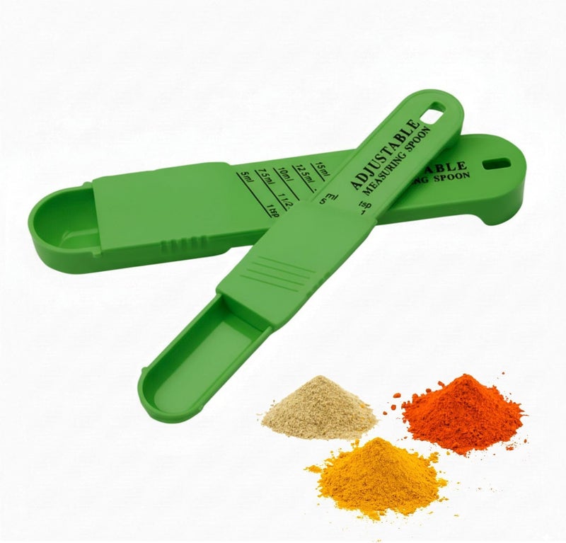 MARKQ Adjustable Measuring Spoon Set – 2-Piece Plastic Teaspoon & Tablespoon with Sliding Scale for Dry and Liquid Ingredients, Adjustable Kitchen Utensils for Baking and Cooking, Green - Image 1