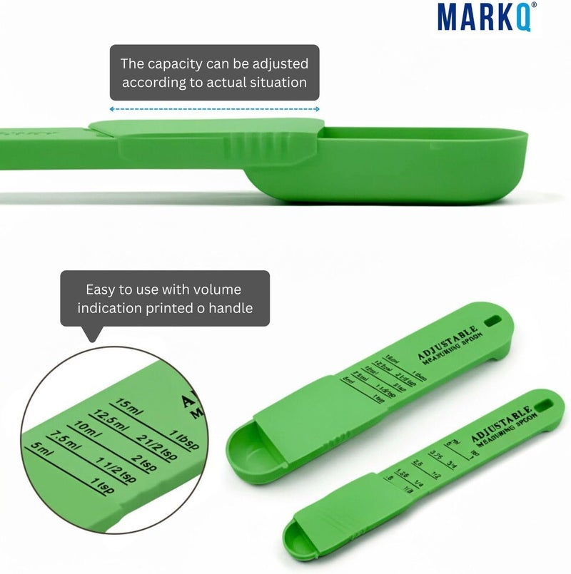 MARKQ Adjustable Measuring Spoon Set – 2-Piece Plastic Teaspoon & Tablespoon with Sliding Scale for Dry and Liquid Ingredients, Adjustable Kitchen Utensils for Baking and Cooking, Green - Image 2